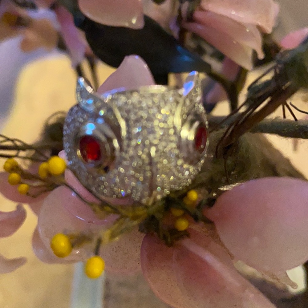 Vintage 925 white sapphire ruby eye owl ring